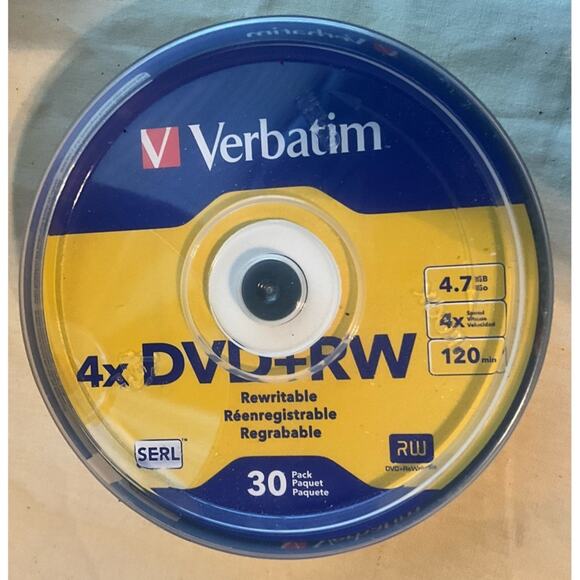 New Sealed Verbatim 30 Pk 4X  DVD+RW, 4.7 GB, 120min Logo Branded, SERL Spindle - Picture 4 of 7